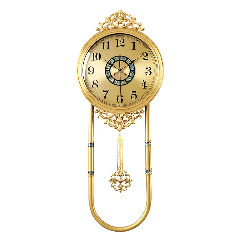 

European style, brass, light luxury, wall clock, living room, simple, pendulum clock, creative, household
