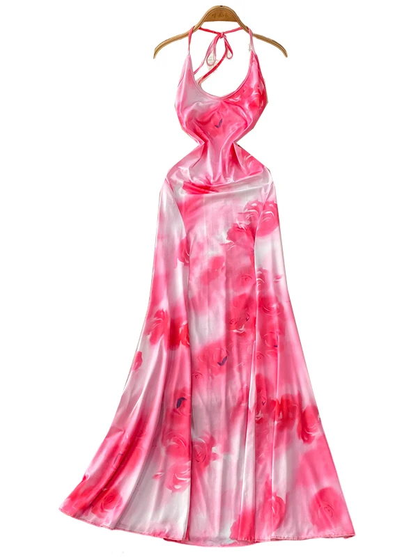 Ele Rose Pink Romantic V-ne Appeso Ne Dr Gonna lunga in raso che raccoglie la vita Coreano Sle Vita alta A-line Dr