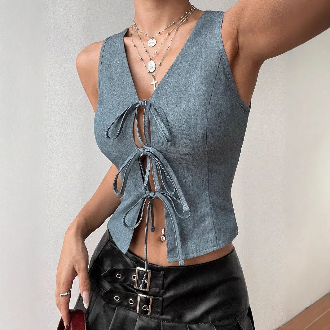 Fashionable Knot Waist Slim Fit Women's Top Elegant Style V-Neck Short Length  Color Cross-Border Summer New Arrival