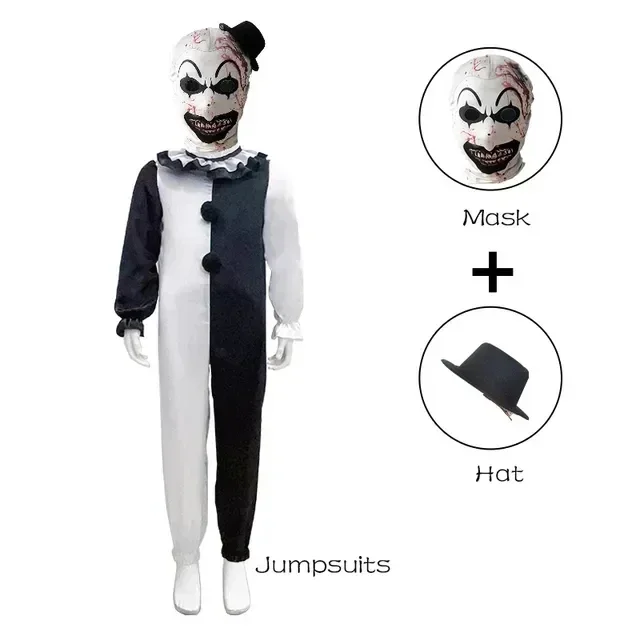 Kinder Clown Cosplay Halloween Kostüm mit Maske Hut Terrifier Clown Kleid Kind Overall Outfits für Jungen Mädchen Halloween Kostüm