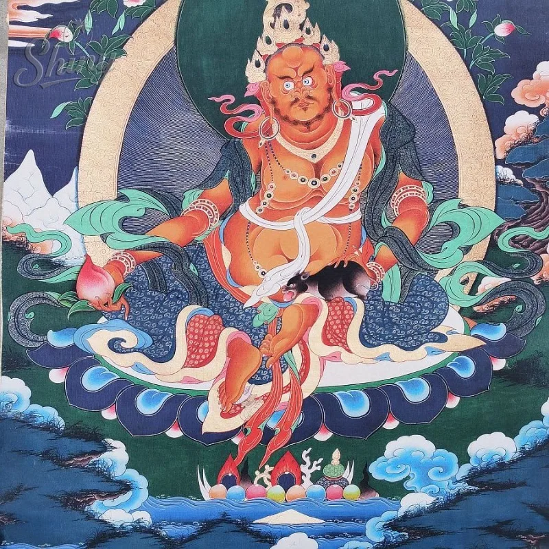 35.4″ King of Treasures Brocade Tibetan Tangka Embroidery Painting Gold Thread Embroidery Decorative