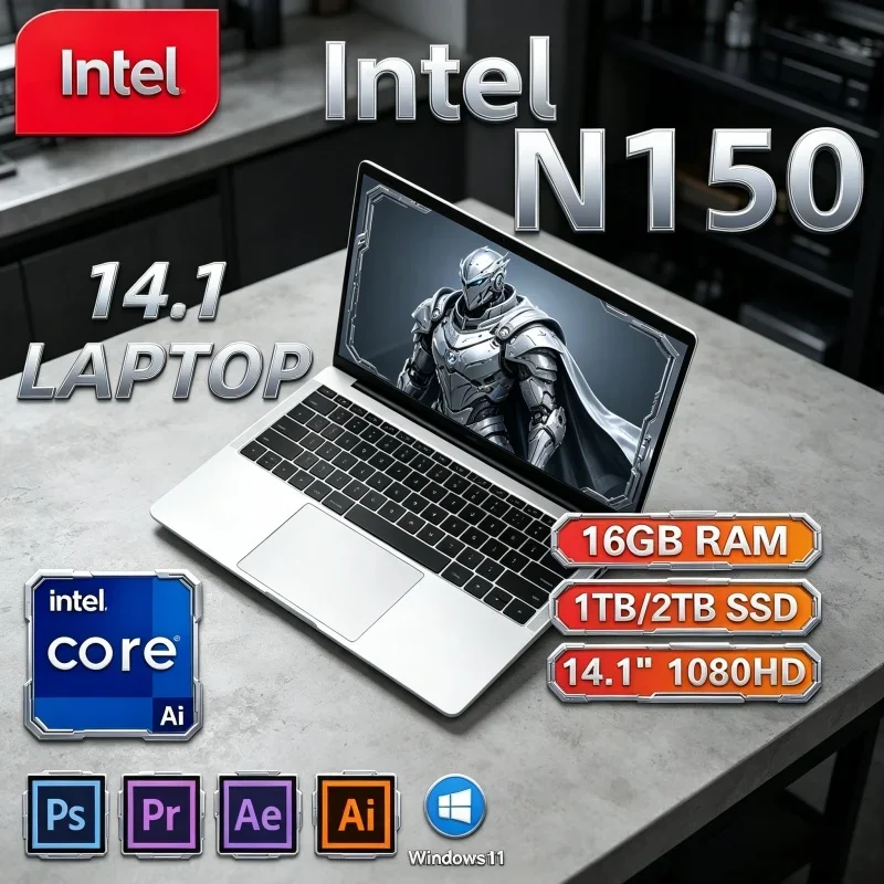 Hot New Multi-scene 14.1' Notebook Intel Core N150 16GB 32GB 2TB Windows 11 Pro 1080P HD Ultra Slim Study Gaming PC
