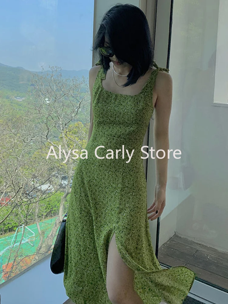 Green Elegant Floral Midi Dress Women Casual Vintage Sexy Split Slip Dress Female 2024 Summer Korean Style Slim Club Party Dress