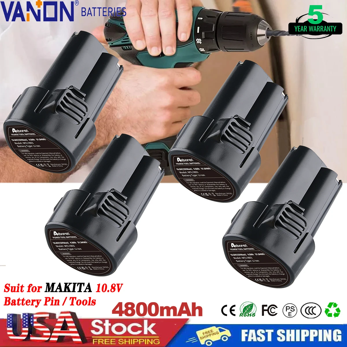 

VANON 1/2/4 Pack 4.8Ah Li-ion BL1013 Replace for Makita Battery Pin BL1014 194550-6 194551-4 195332-9 Suit for Original tools