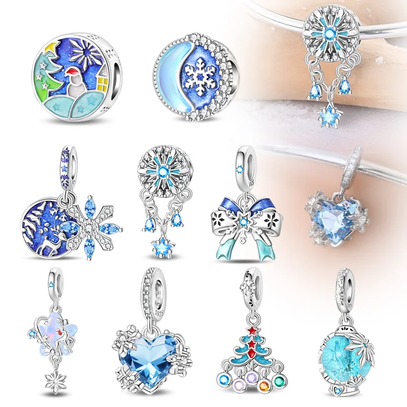 925 Sterling Silver Winter Collection Snowflake Christmas Tree Stars moon Pendant Beads Charm Bracelet for Women  Jewelry Making