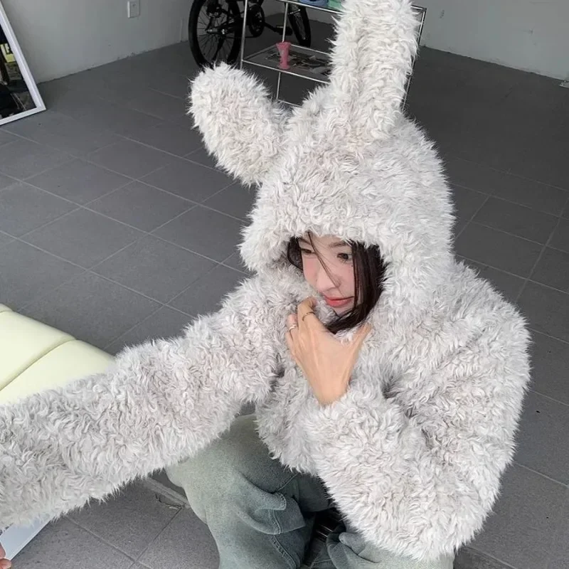 Cute Bunny Ears Plush Hooded Zipper Coat Korean Style Women Autumn Winter Solid Color Lazy Style Loose Casual Thicken Coat