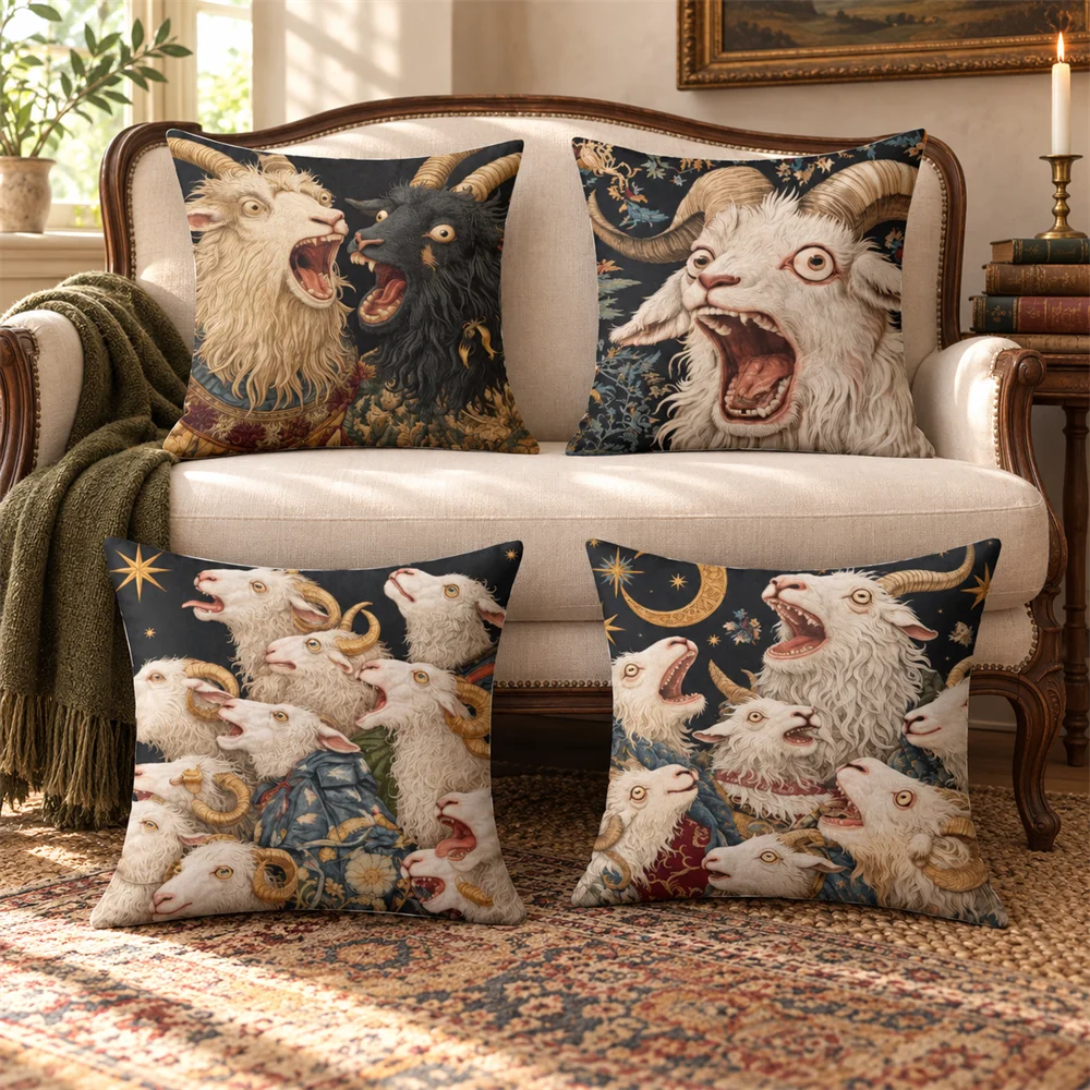 Tapestry Style Screaming Goat Cushion Cover Soft Short Plush Pillow Cases Hidden Zipper Cutecore Sofa Bedroom Home Decor Gift