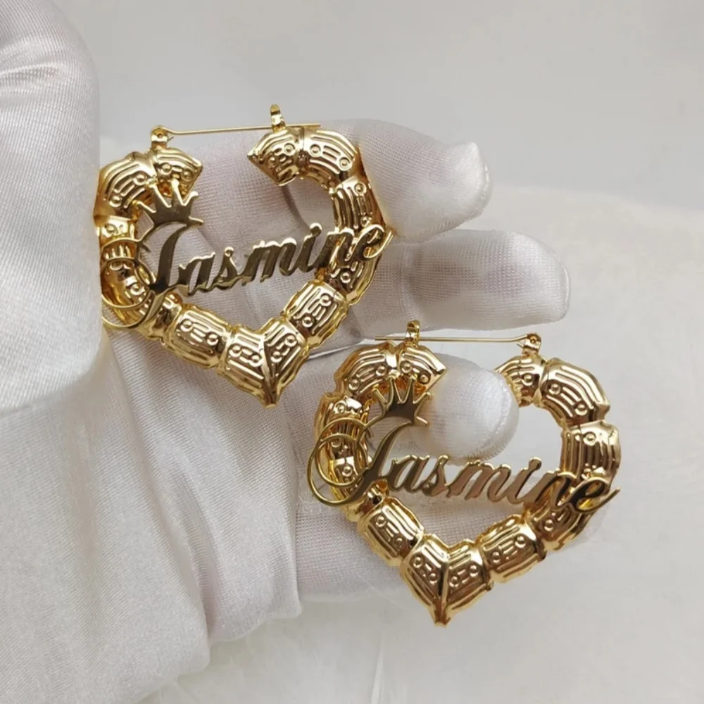 

LeeChee Heart Bamboo Hoop Custom Name With Crown Earrings Personalized Name Earloop Jewelry Gift