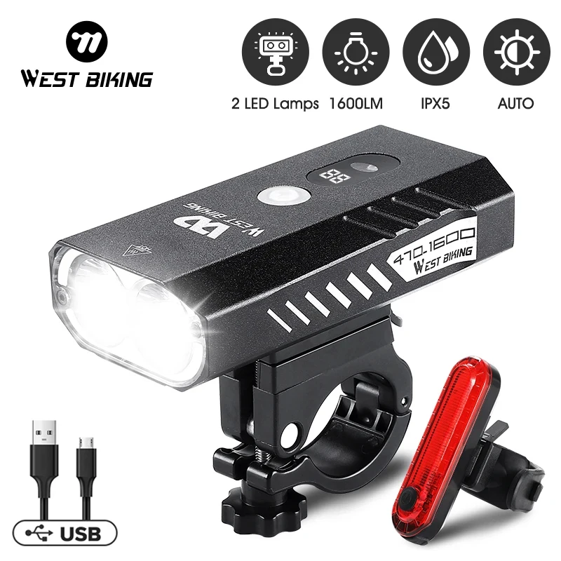 WEST BIKING Bicycle Light 1600 Lumens Auto Sensor Headlight 5200mAh Power Bank Battery Indicator Rechargeable MTB Flashlight