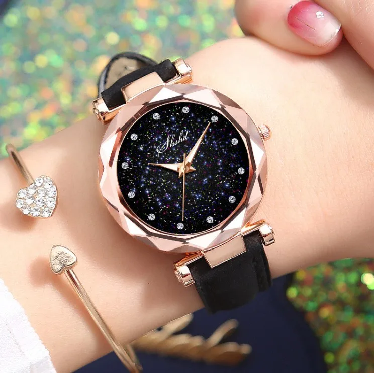 Hot selling fashion star sparkly sanded leather watches Girl ladies quartz watches