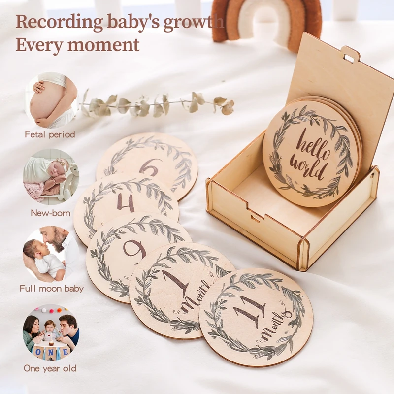 8Pcs Wooden Baby Milestone Cards Number Monthly Memorial Cards Wooden Engraved Age Photography Accessories Baby Birthing Gift