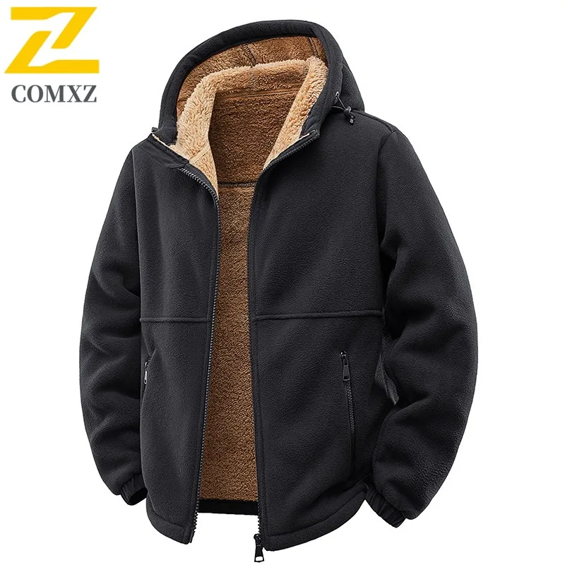 COMXZ 2025 Hooded Fleece Jacket Men Autumn Winter Thick Polar Fleece Casual Hoodie Loose Plus Size Lamb Fleece Coat 9099M New