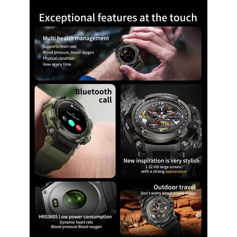 2025 New Smart Watch 1.32” HD LCD Display Bluetooth Phone Calls Outdoors Sports Hiking tourism Recorder Smartwatch for Men