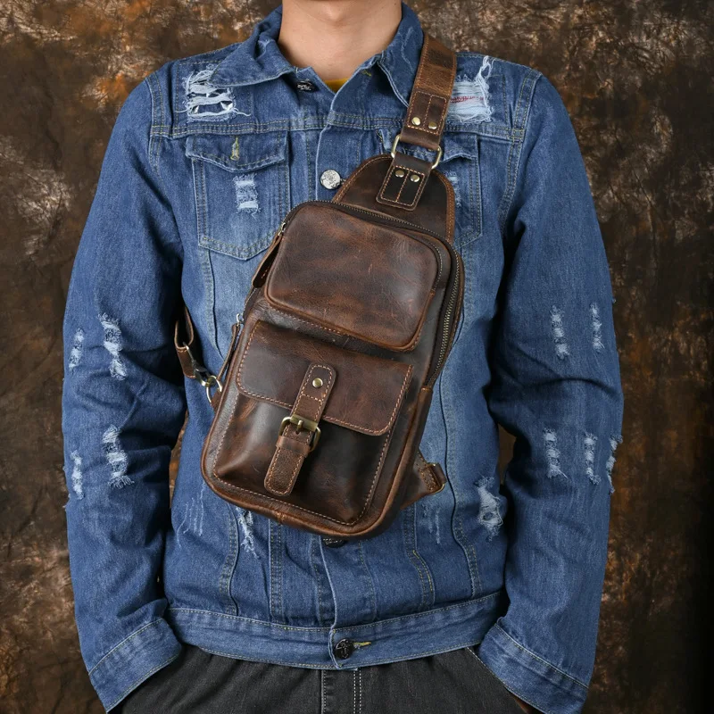 

Chest Bag Man Genuine Cowhide Leather Retro Brown Zipper Vintage Design Square Crossbody Bags Chic Vintage Outddoor Chest Packs