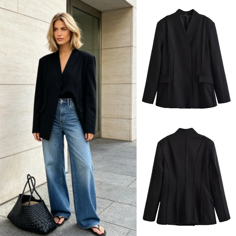 Women's Blazer 2026 New European Style Fashion Black Slim-Fit Long Sleeve Polyester Elegant Street Casual Jacket