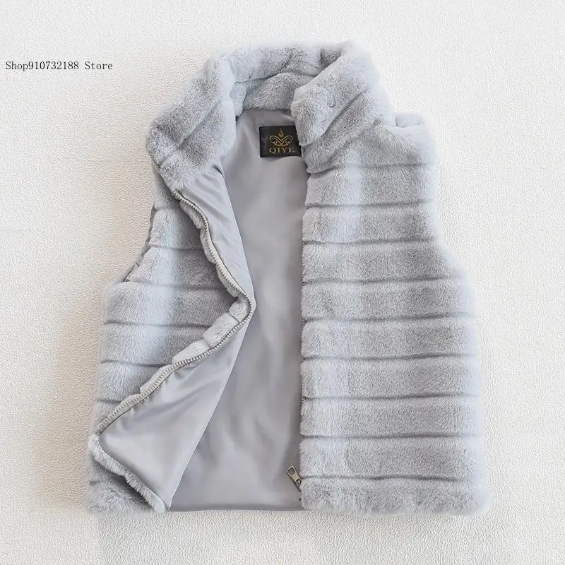 Women\'s Warm Zipper Faux Fur Sleeveless Vest In Pure Color Stand Collar Jacket for Spring and Autumn