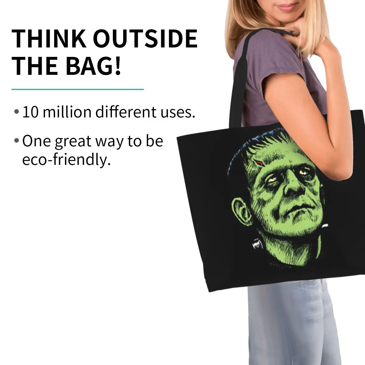 Frankenstein Green Monster Print Shopping Tote Bag Canvas Large Capacity Shoulder Bags Shopper Grocery Handbag for Women