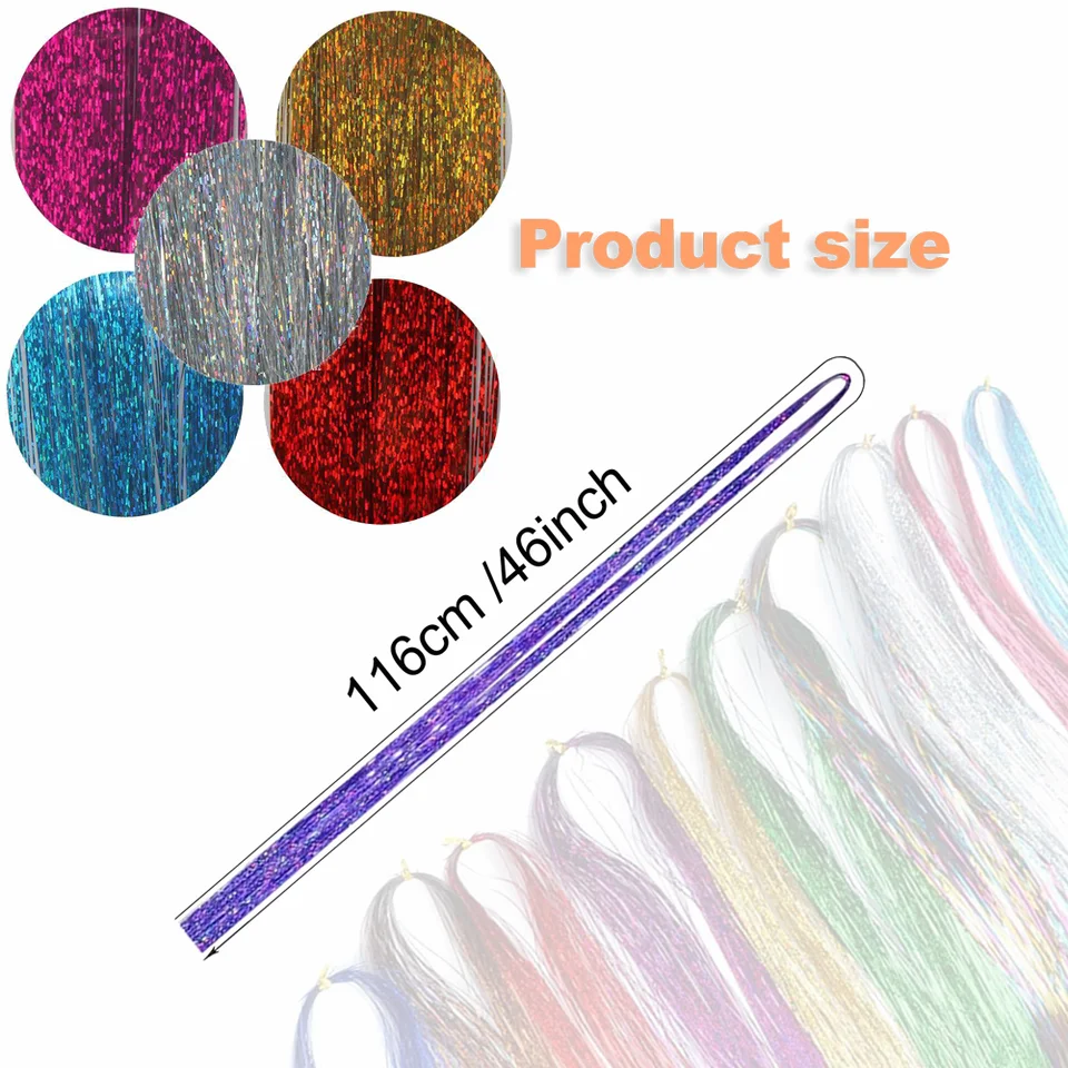 Tinsel para cabello (46 pulgadas, 5 piezas), extensiones para niñas y mujeres, hadas, holográfico sintético 2