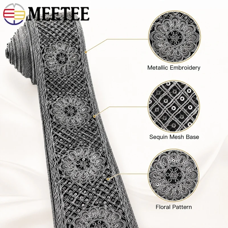3/5Meters 78mm Ethnic Sequin Embroidered Lace Trim Silver Thread Webbing Ribbon for Shoes Costume Decor DIY Sewing Accessory Set