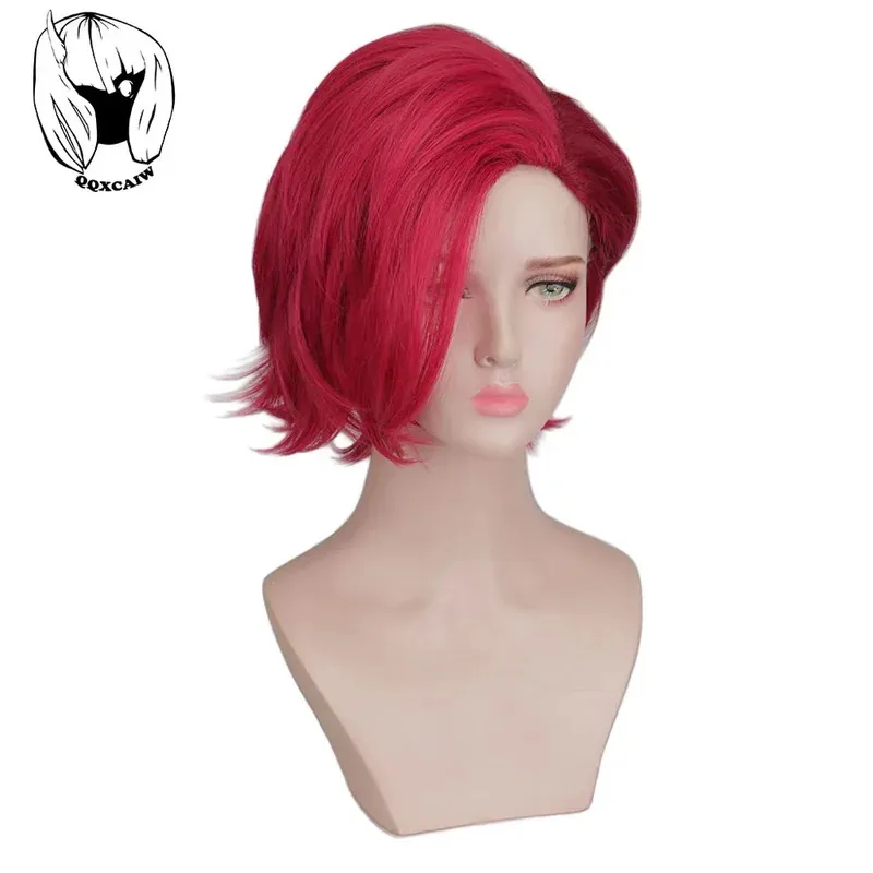 

QQXCAIW wig LOL Arcane Vi Cosplay Wig 30cm Deep Rose Short Heat Resistant Synthetic Hair Woman And Man Wigs