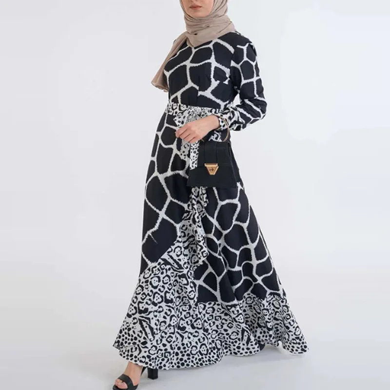 

Women's New Muslim Robe Printed Lace up Waist Long sleeved Dress