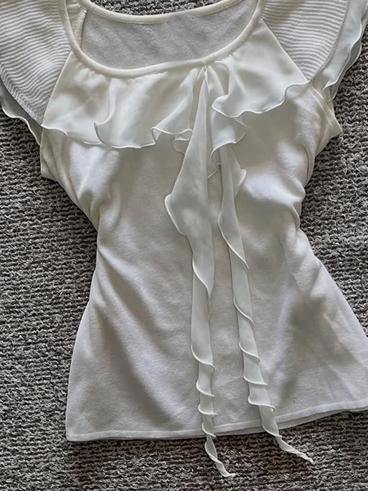 

Original Design Fene White Lace Trim T-irt Women's Exclusive Ele Top Summer Cotton Blend ort Sve irt
