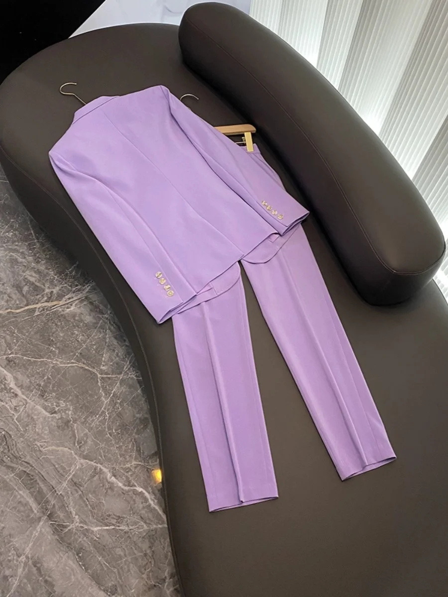 Abito formale solido da ufficio viola chiaro da donna, manica lunga, due bottoni, Blazer dentellato, pantaloni a matita da donna 2 pezzi