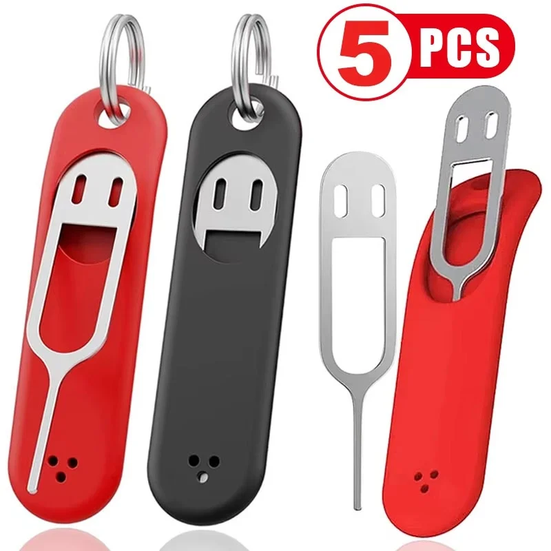 5PCS Anti-Lost Sim Card Eject Pin Needle With Storage Case Universal Mobile Phone Steel Ejector Pin SIM Card Tray Opener Keyring