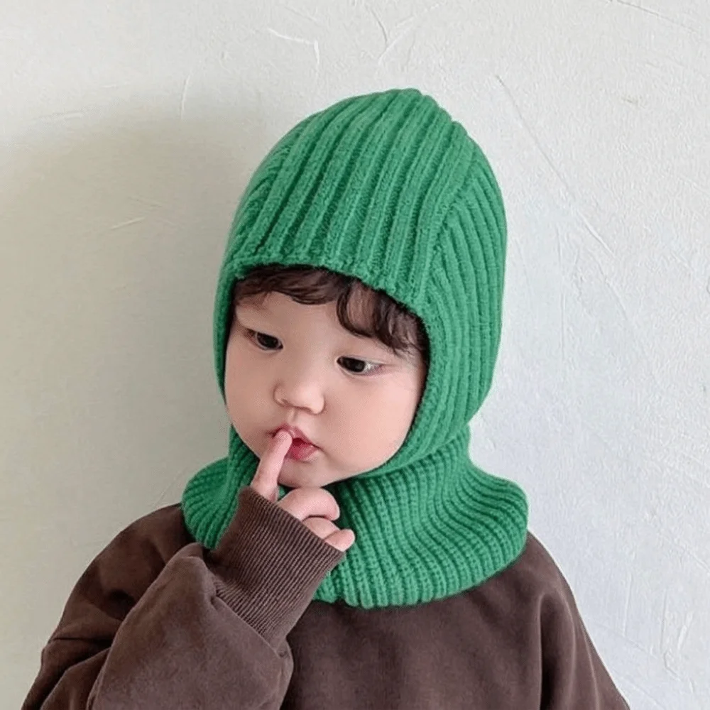 Fashion Solid Color Scarf Integrated Hat Wool Knitted Children Hooded Hat Windproof Balaclava Hat Winter