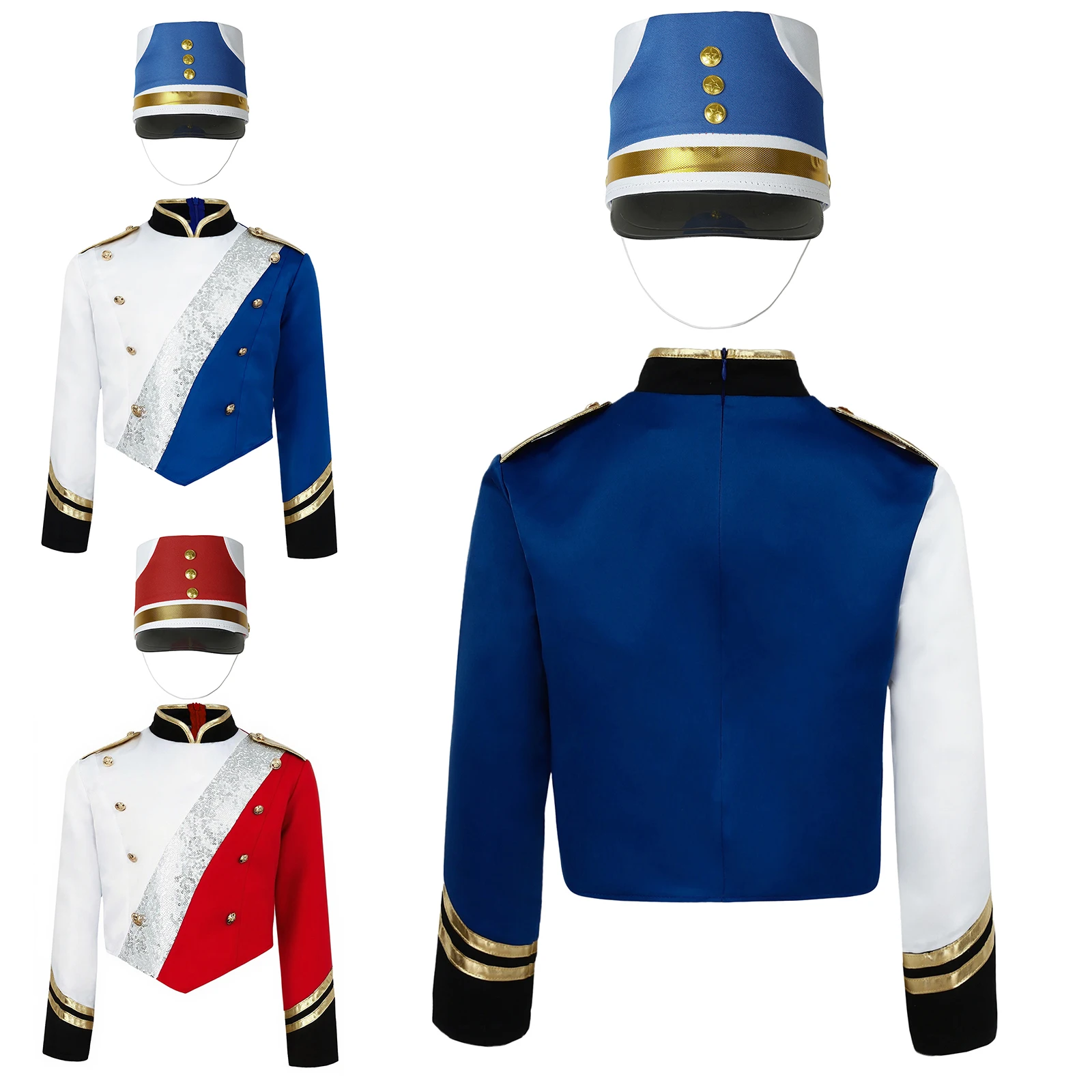 

Детский марширующий оркестр для мальчиков, костюм на Хэллоуин, металлический блеск, лоскутное шитье с блестками, длинные рукава, погоны, пуговицы, украшение, топ со шляпой