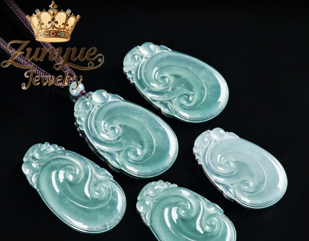 

Natural Grade A Burmese Ice Blue Water Jadeite Hand Carved Ruyi Pendant Necklace Highend Charms Fashion Fine Jewelry Luxury Gift