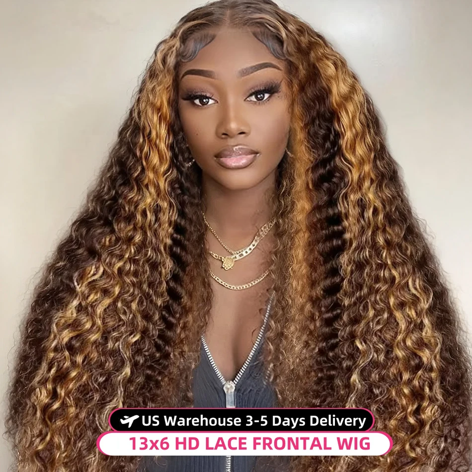 40 50 Inch Highlight Honey Brown Water Curly 13x4 HD Lace Front Human Hair Wigs Remy 13x6 Ombre Color Deep Wave Lace Frontal Wig