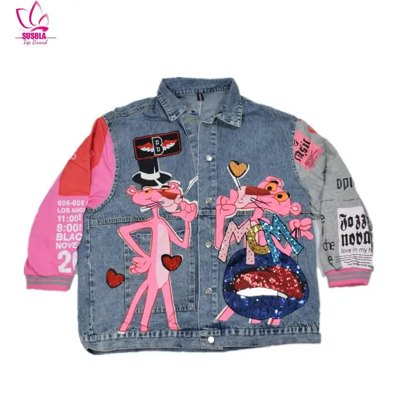 SUSOLA Newest Lady Spring and Autumn Denim Jacket Woman Sequin Splice Thin Coat Anime Cartoon Alphabet Casual Jacket