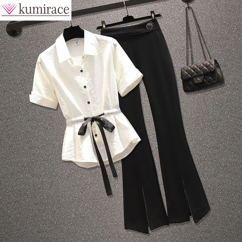 Button Decorative Bow Tie Up Short Sleeve Chiffon Shirt Casual Wide Leg Pants Two Piece Elegant Women\'s Pants Set Office Outfits