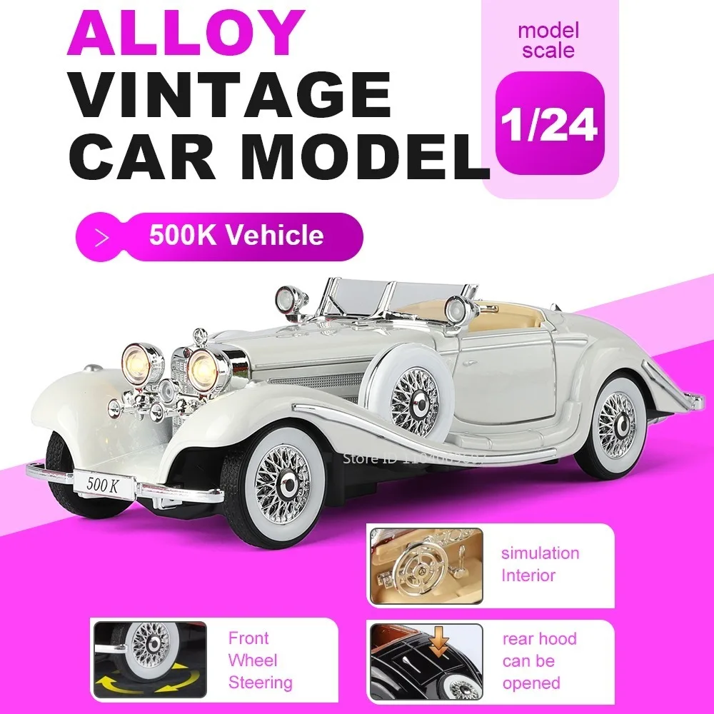

1:24 Scale 500K 300SL Vintage Car Model Toys Alloy Diecast Door Opened Pull Back Sound Light Simulation Vehicles Home Decoration