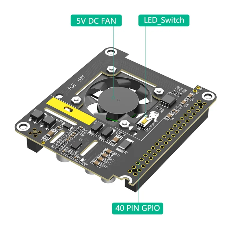 Модернизированный PoE HAT для Raspberry Pi 5 с охлаждающим вентилятором/компьютерным модулем 5, со светодиодной подсветкой с автоматическим обесцвечиванием