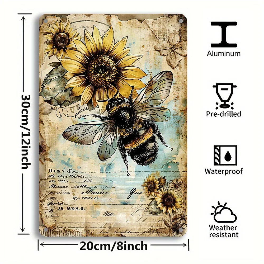 1PC Rustic Bee Metal Iron Plaque with Sunflower Bee Illustration Pre-drilled Holes for Indoor Outdoor Decoration Home and Garden