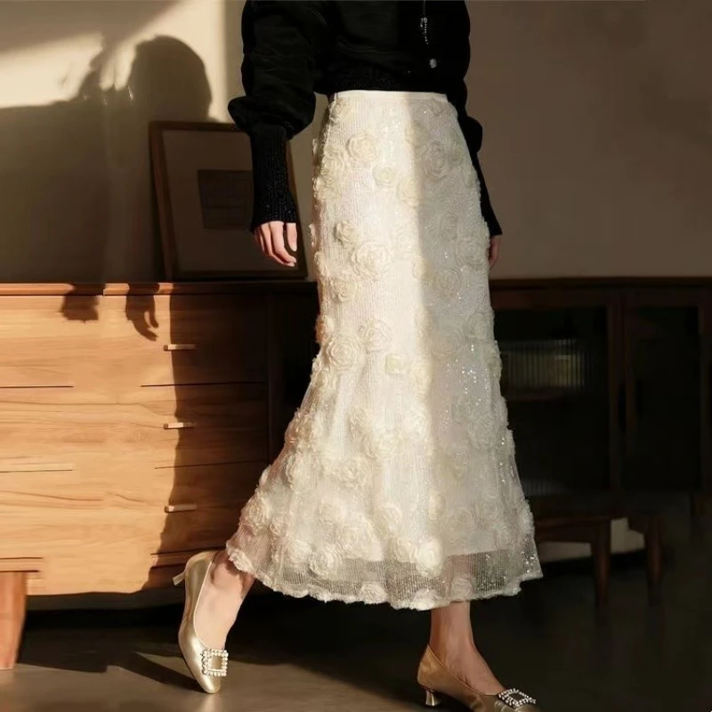 

2026 Spring Summer Women High Waisted Sequined Appliques Flower Beige Black Trumpet Skirt , Woman Slim Mermaid Glitters Skirts