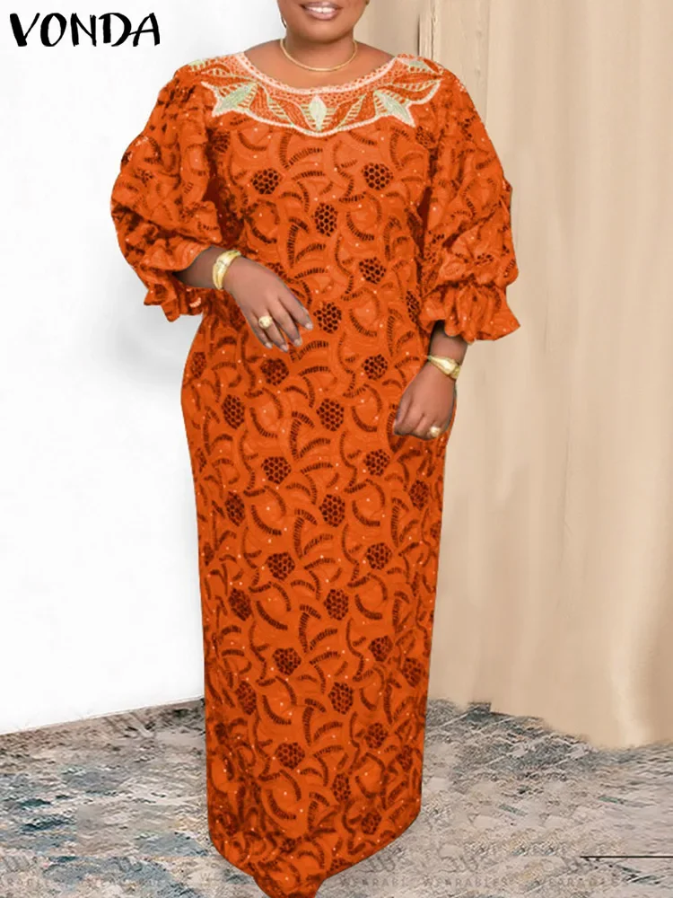 VONDA gaun Maxi panjang antik wanita, gaun Vestido cetakan seksi lengan lentera leher bulat Bohemian musim gugur 2024 ukuran Plus 5XL