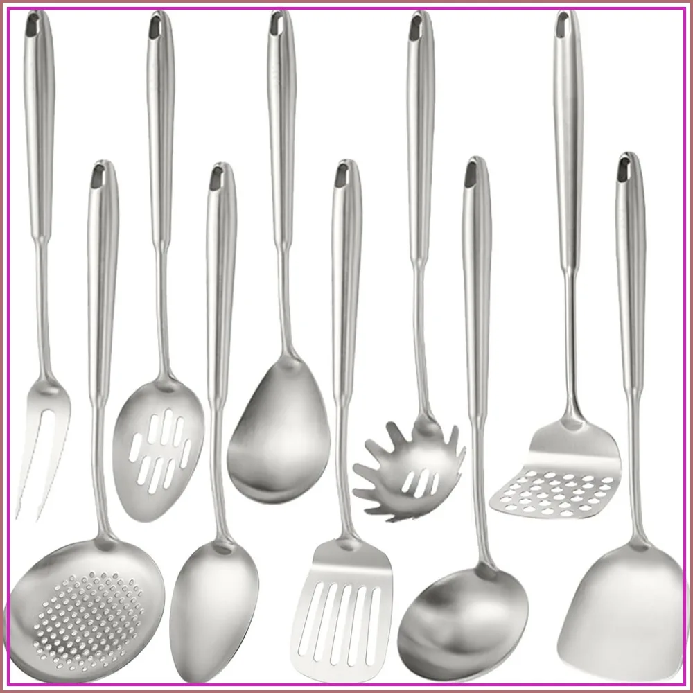 

10 PCS Stainless Steel Kitchen Utensil Set: Potato Masher, Spatula, Ladle, Skimmer, Slotted Spoon, Spaghetti Spoon, Large Spoon