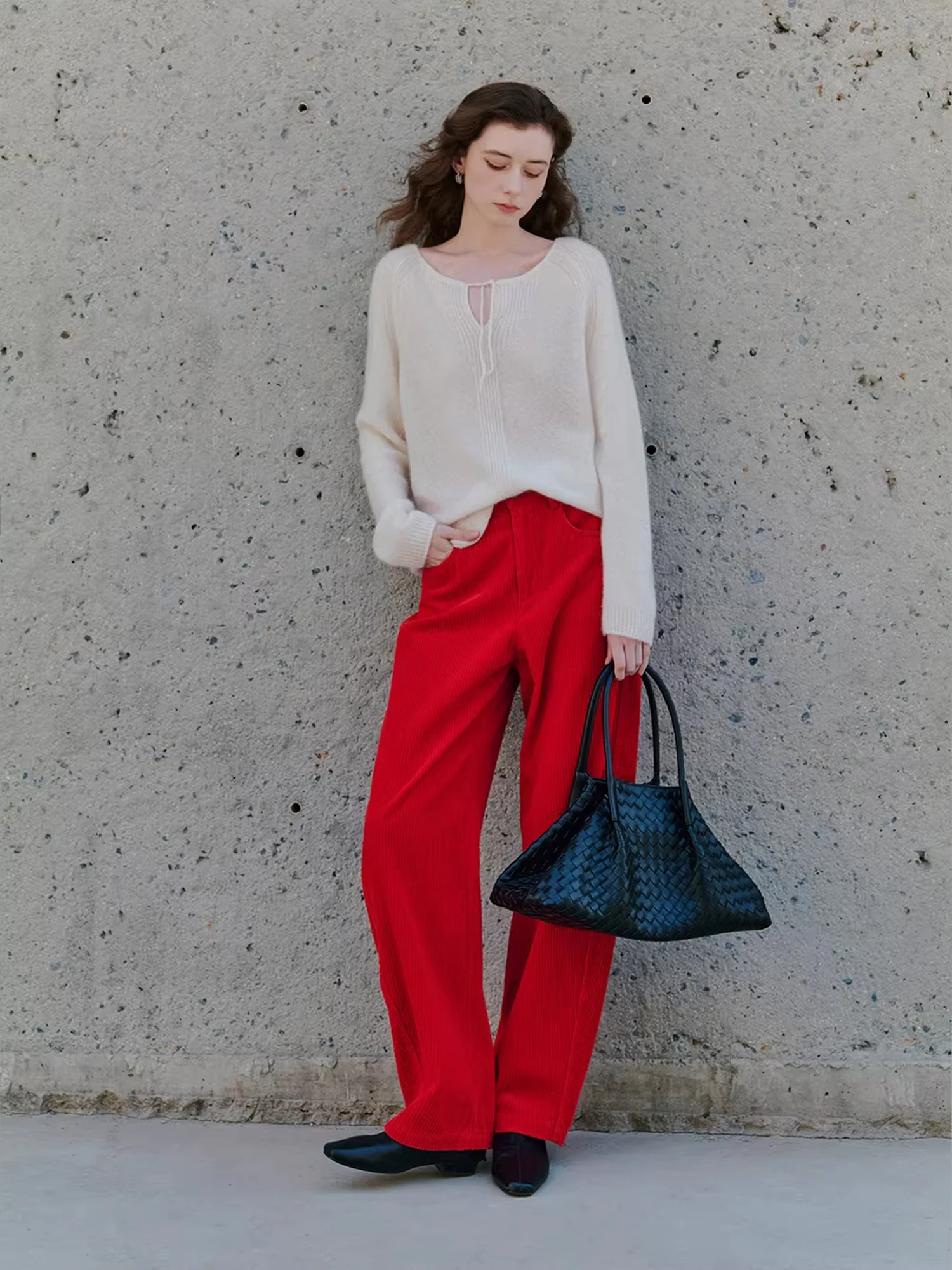 

fini Vintage Corduroy Wide Leg Pants Loose Fit High Waist Button Closure Ladies Casual Trousers Red White New Year U7300M5