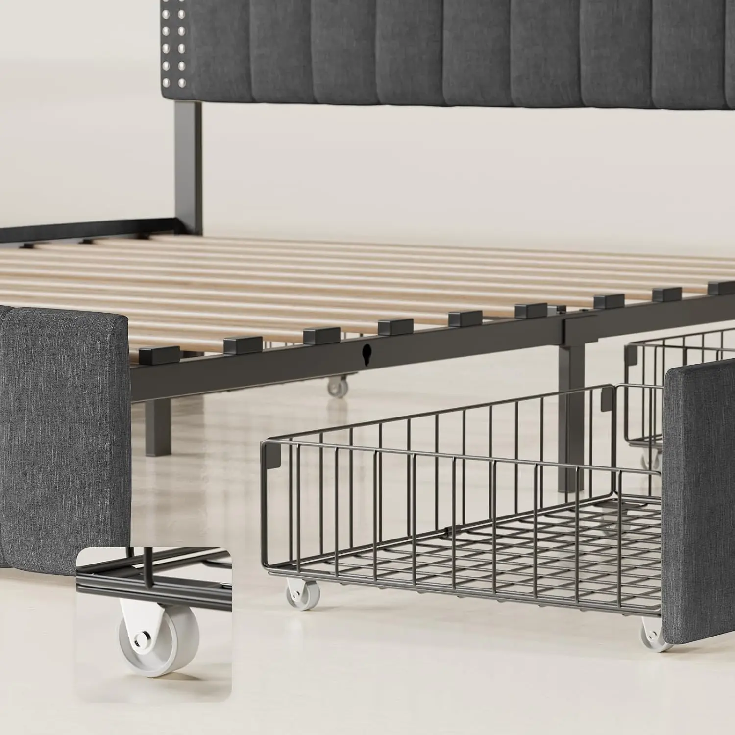 Ajustável Queen Bed Frames, 4 gavetas de armazenamento sobre rodas e cabeceira, se Fits 6 "a 12" colchão, sem Box Spring necessário