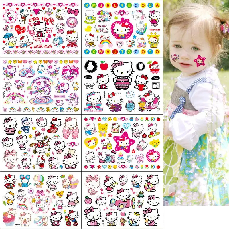 New Sanrio Hello Kitty Tattoo Stickers Kt Cat Waterproof Sticker Cartoon Decals Girl Children Birthday Gifts Kids Toys