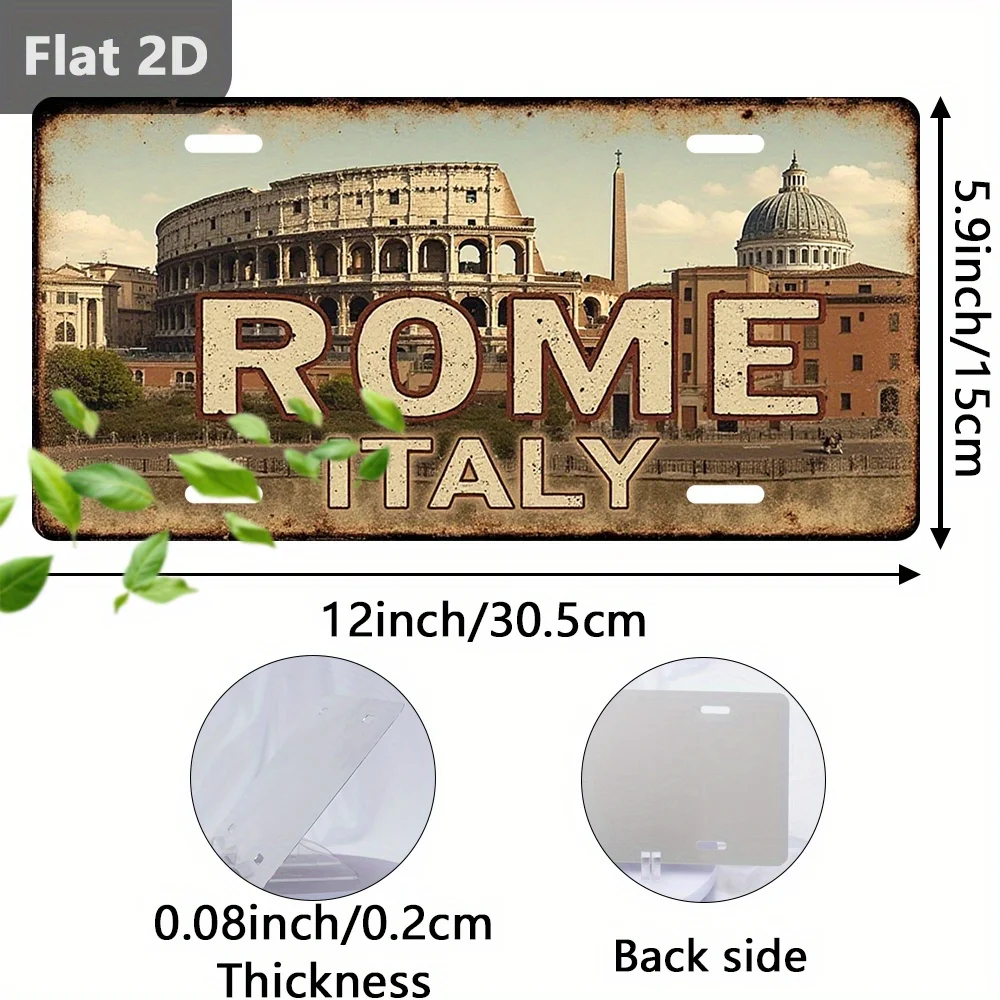 2D Flat Design, a Vintage Italian Roman Metal Wall Decoration - Large 12X5.9 Inch Nostalgic License Plate Featuring The Colosseu