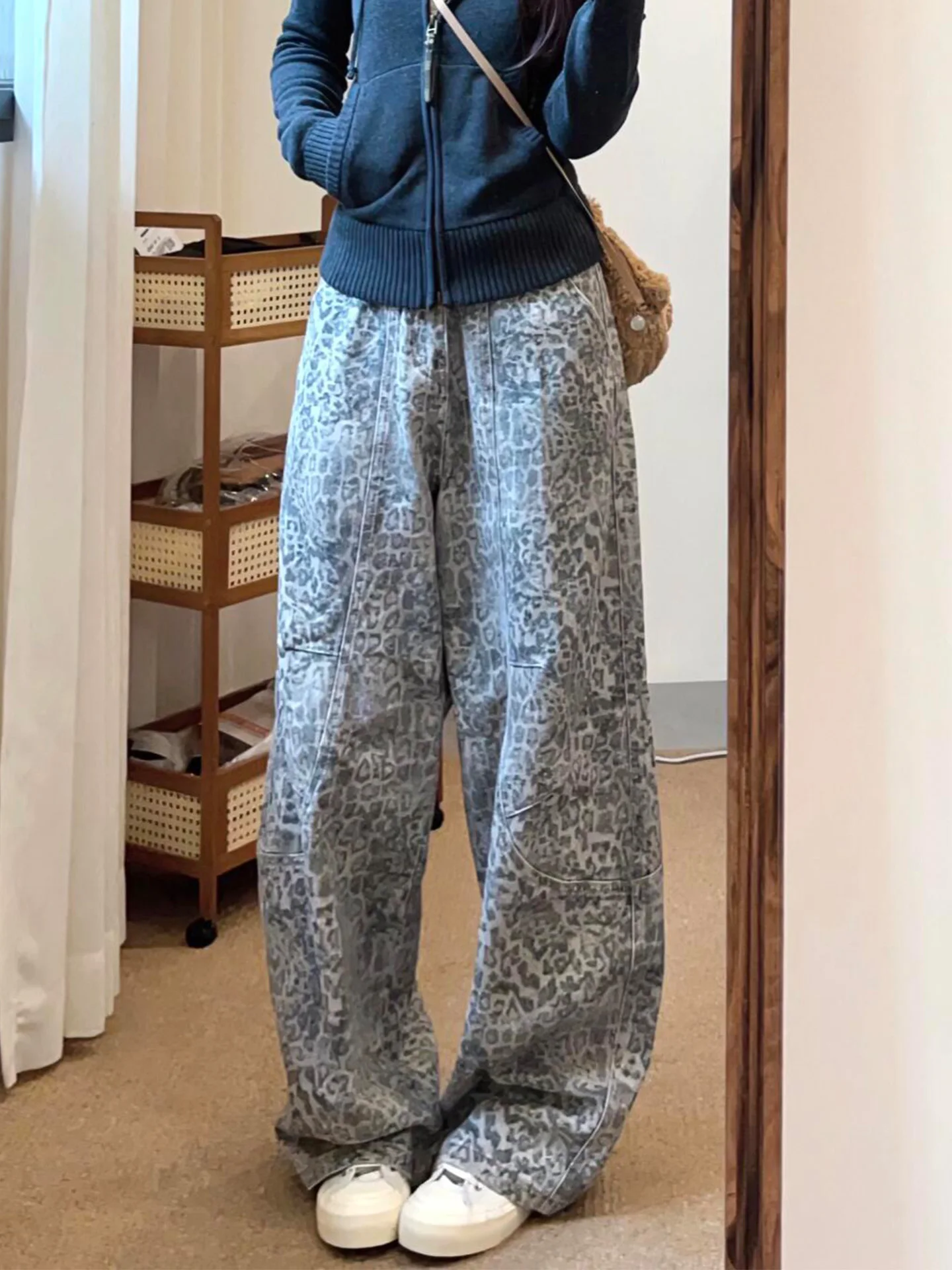 

Summer 2026 Loose Fit High Waist Denim Pants Women's Wide Leg Straight Cut Leopard Print Washed out Casual Trousers