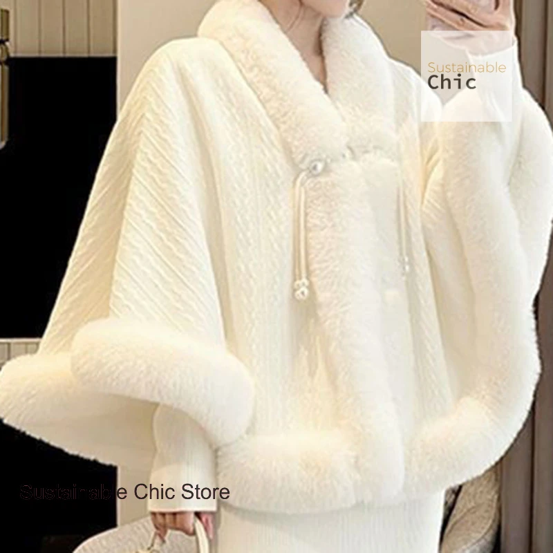 Korean style thick cloak shawl with cheongsam women's autumn and winter fur collar plus velvet to keep warm Chinese cardigan.