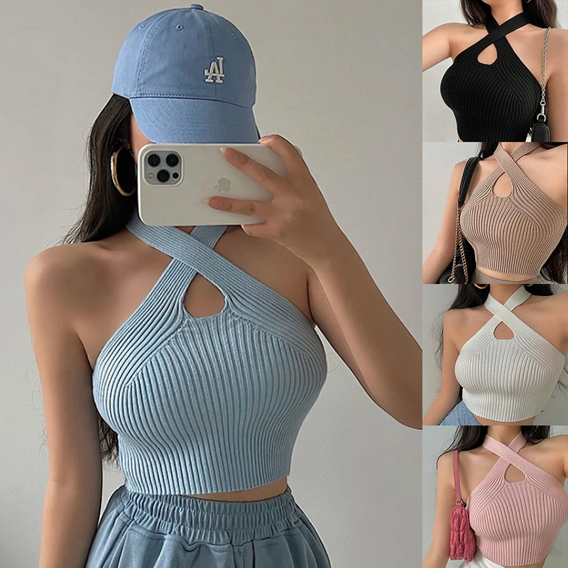 Vest Crop Top Women Halter Tops Female Knitted Off Shoulder Crop Tops Cross Strappy Sexy Tank Tops Tops For Women 2023 Summer