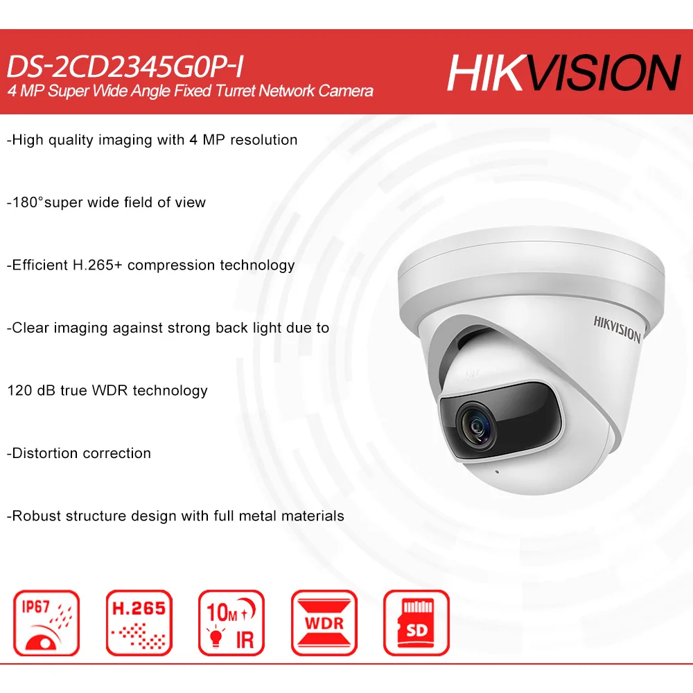 Hikvision Original DS-2CD2345G0P-I 4MP 180° Super Wide Angle Fixed Full Metal Turret Network Camera H.265+ Distortion correction