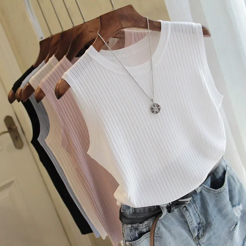 Fashion Ice Silk Knitted Vest Gym Tank Top Women Round Neck Thin Sleeveless Shirt Summer wide shoulder Loose Blusas 4588 50