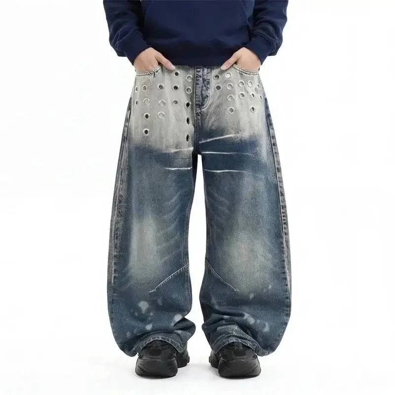 

Men's SplashDye Jeans New American Retro Style High Street Distressed Washed Blue Loose Wide Leg Floor Length Pants